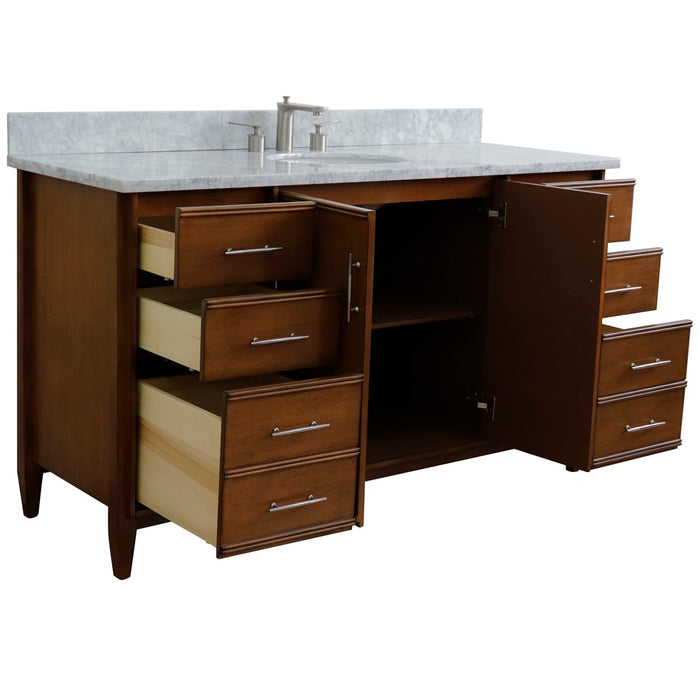 Bellaterra Home 61 in. Single Sink Vanity in Walnut Finish with White Carrara Marble and Oval Sink
