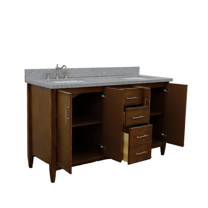 Bellaterra Home 61 in. Double Sink Vanity in Walnut Finish with Gray Granite and Rectangle Sink