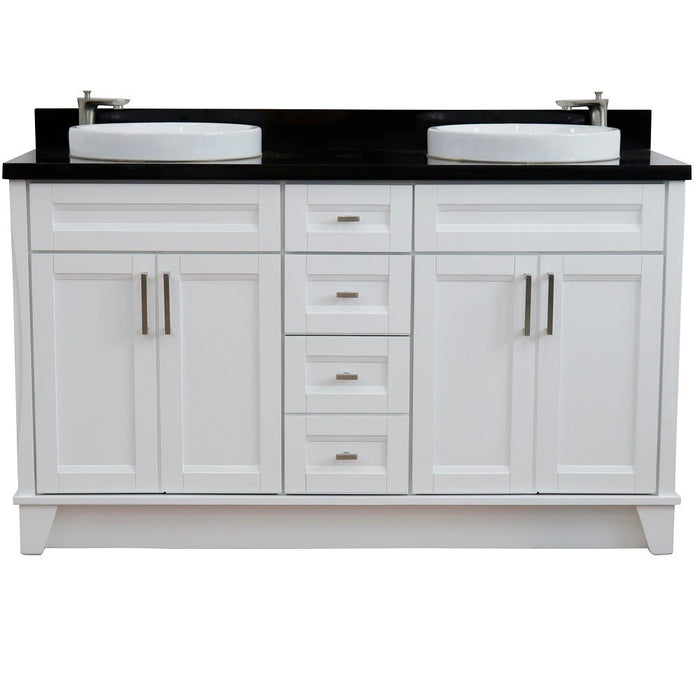 Bellaterra Home 61 in. Double Sink Vanity in White Finish and Black Galaxy Granite and Round Sink