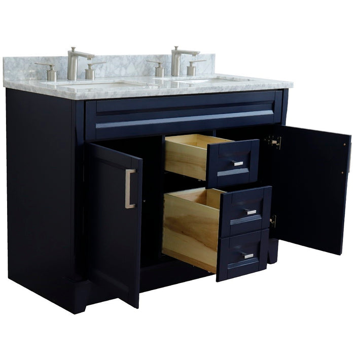 Bellaterra Home 49 in. Double Sink Vanity in Blue Finish with White Carrara Marble and Rectangle Sink