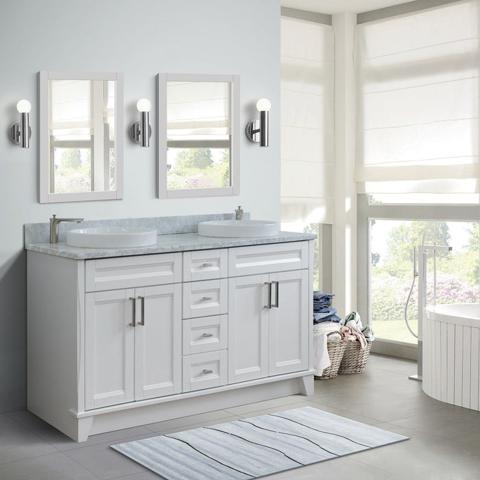 Bellaterra Home 61 in. Double Sink Vanity in White Finish and White Carrara Marble and Round Sink