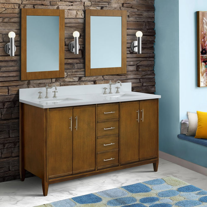 Bellaterra Home 61 in. Double Sink Vanity in Walnut Finish with White Quartz and Rectangle Sink