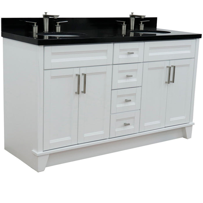 Bellaterra Home 61 in. Double Sink Vanity in White Finish and Black Galaxy Granite and Oval Sink
