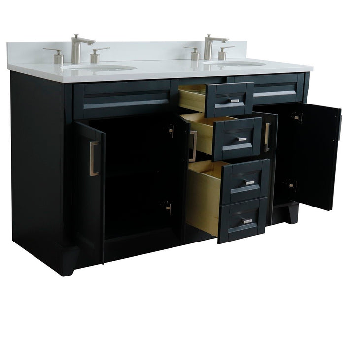 Bellaterra Home 61 in. Double Sink Vanity in Dark Gray Finish and White Quartz and Oval Sink
