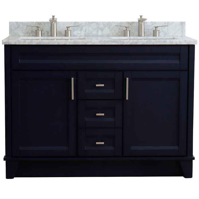 Bellaterra Home 49 in. Double Sink Vanity in Blue Finish with White Carrara Marble and Rectangle Sink