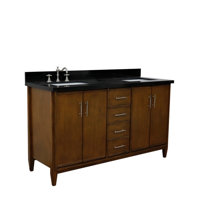 Bellaterra Home 61 in. Double Sink Vanity in Walnut Finish with Black Galaxy Granite and Rectangle Sink