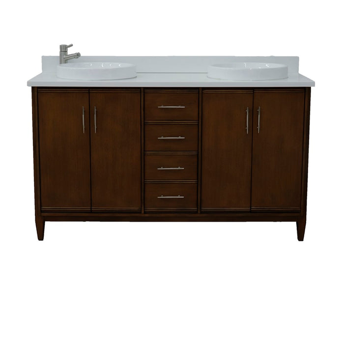 Bellaterra Home 61 in. Double Sink Vanity in Walnut Finish with White Quartz and Round Sink