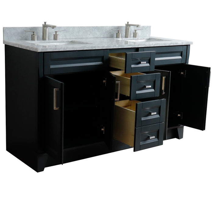 Bellaterra Home 61 in. Double Sink Vanity in Dark Gray Finish and White Carrara Marble and Rectangle Sink