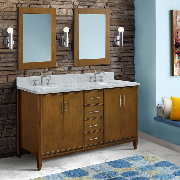 Bellaterra Home 61 in. Double Sink Vanity in Walnut Finish with White Carrara Marble and Rectangle Sink