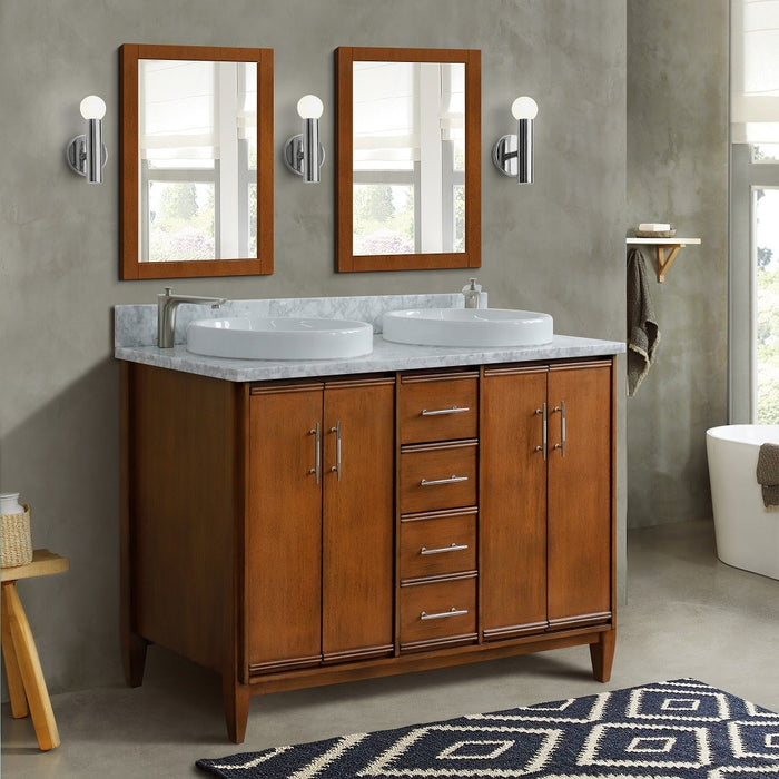 Bellaterra Home 49 in. Double Sink Vanity in Walnut Finish with White Carrara Marble and Round Sink