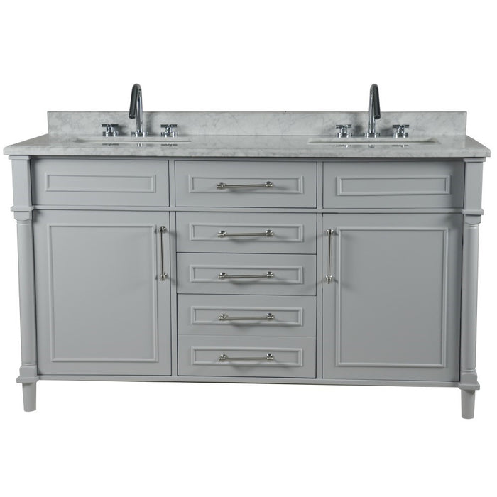 Bellaterra Home Napa 60 in. Double Vanity in Light Gray with White Carrara Marble Top with Brushed Nickel Hardware