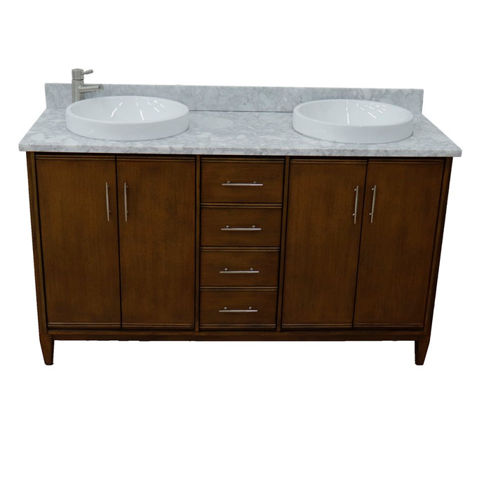 Bellaterra Home 61 in. Double Sink Vanity in Walnut Finish with White Carrara Marble and Round Sink