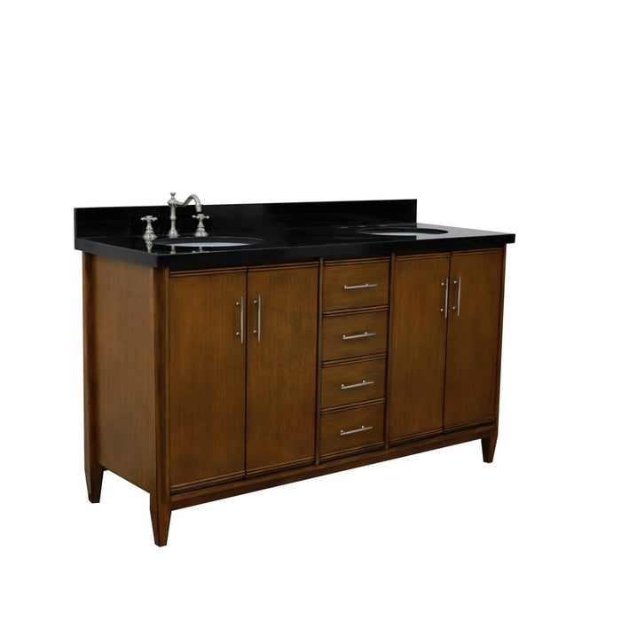 Bellaterra Home 61 in. Double Sink Vanity in Walnut Finish with Black Galaxy Granite and Oval Sink