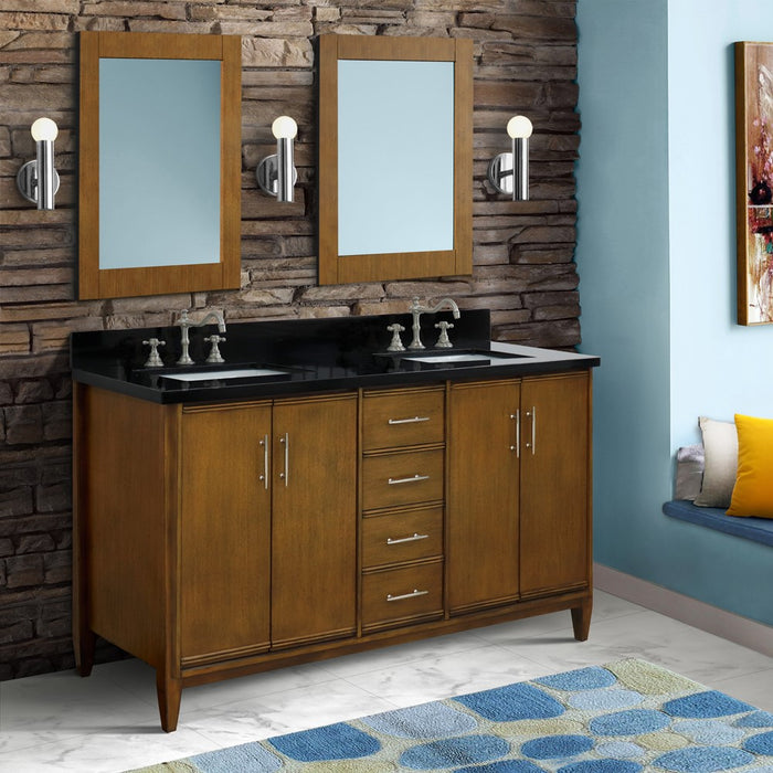 Bellaterra Home 61 in. Double Sink Vanity in Walnut Finish with Black Galaxy Granite and Rectangle Sink