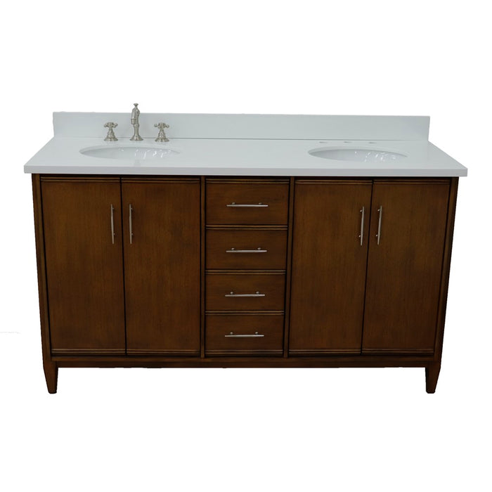 Bellaterra Home 61 in. Double Sink Vanity in Walnut Finish with White Quartz and Oval Sink