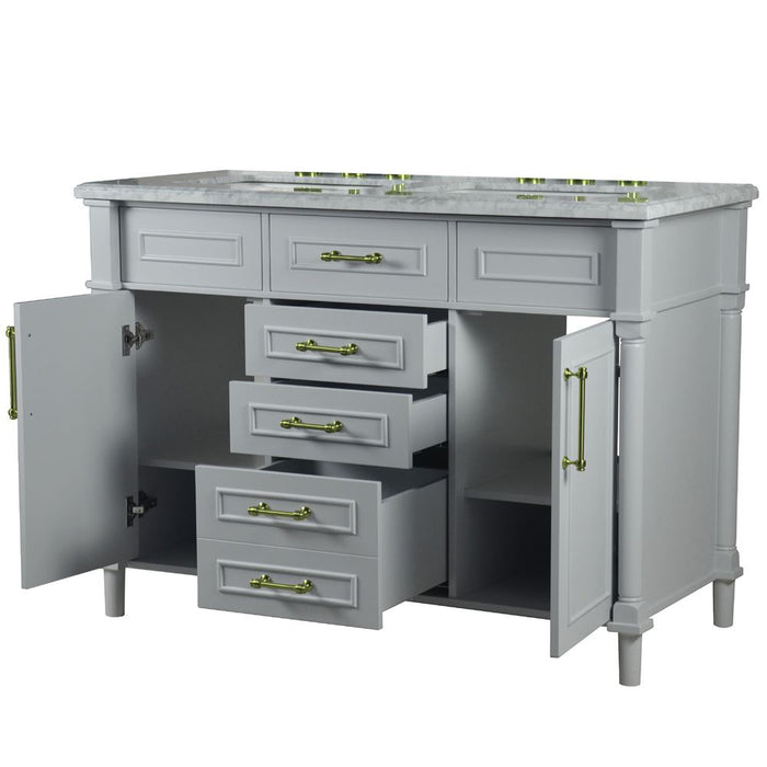 Bellaterra Home Napa 48 in. Double Vanity in Light Gray with White Carrara Marble Top with Gold Hardware