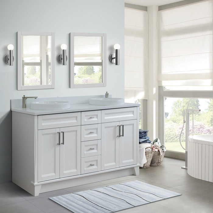 Bellaterra Home 61 in. Double Sink Vanity in White Finish and White Quartz and Round Sink