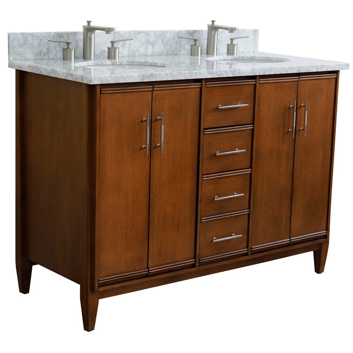 Bellaterra Home 49 in. Double Sink Vanity in Walnut Finish with White Carrara Marble and Oval Sink
