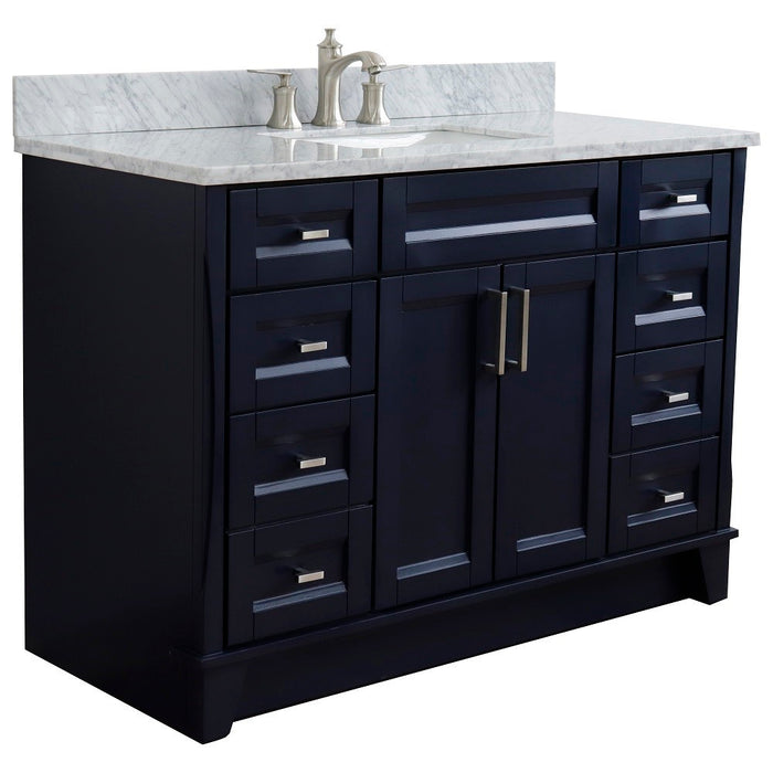 Bellaterra Home 49 in. Single Sink Vanity in Blue Finish with White Carrara Marble and Rectangle Sink