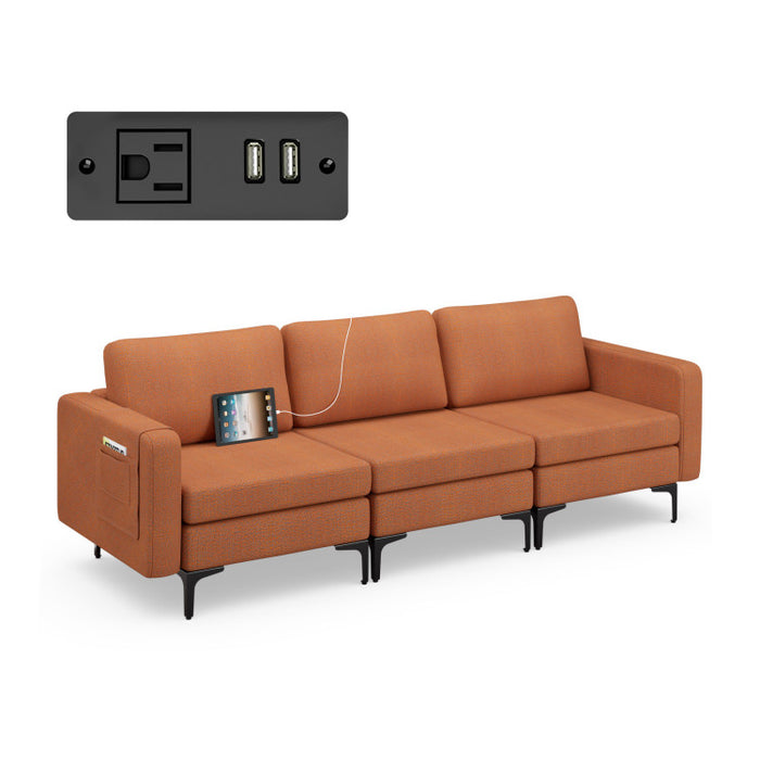 Costway 3-Seat Sectional Sofa Couch with Armrest Magazine Pocket and 2 USB Ports