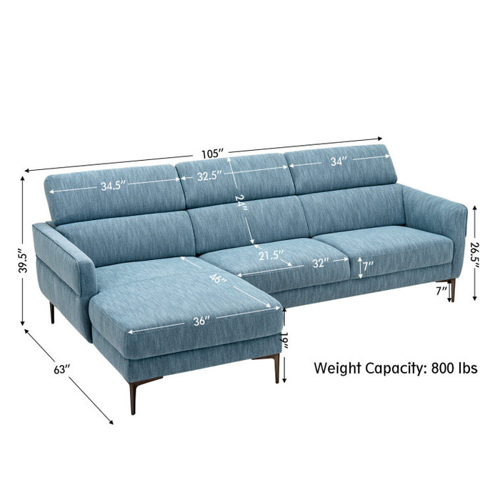 Costway 105 Inch L-Shaped Sofa Couch with 3 Adjustable Headrests