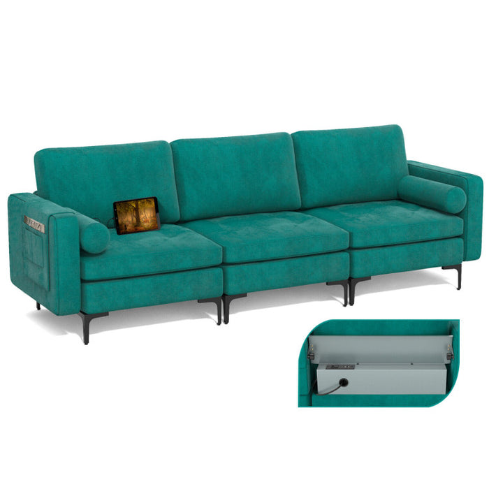 Costway Modular 3-Seat Sofa Couch with Socket USB Ports and Side Storage Pocket