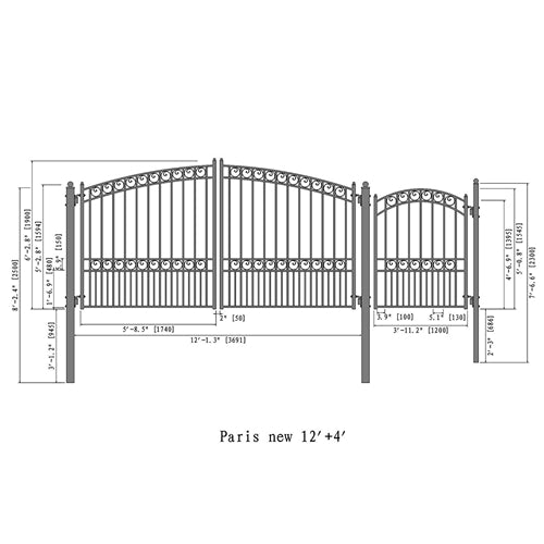 Aleko Steel Dual Swing Driveway Gate - PARIS Style - 12 ft with Pedestrian Gate - 5 ft SET12X4PARD-AP