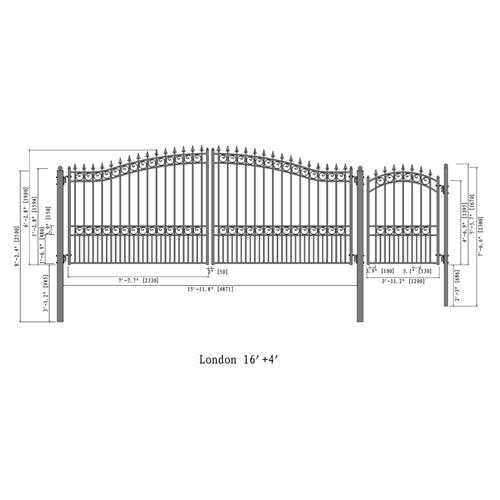 Aleko Steel Dual Swing Driveway Gate - LONDON Style - 16 ft with Pedestrian Gate - 5 ft SET16X4LOND-AP