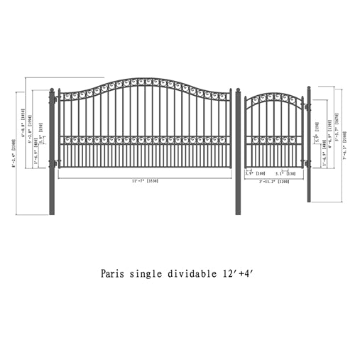 Aleko Steel Single Swing Driveway Gate - PARIS Style - 12 ft with Pedestrian Gate - 5 ft SET12X4PARS-AP