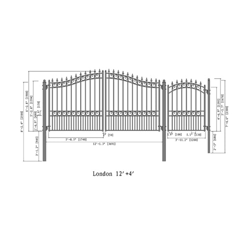 Aleko Steel Dual Swing Driveway Gate - LONDON Style - 12 ft with Pedestrian Gate - 5 ft SET12X4LOND-AP