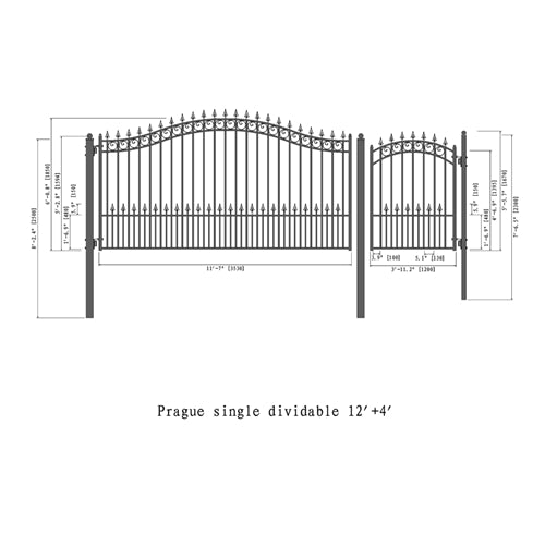 Aleko Steel Single Swing Driveway Gate - PRAGUE Style - 12 ft with Pedestrian Gate - 5 ft SET12X4PRAS-AP