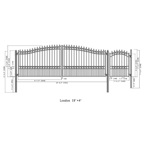 Aleko Steel Dual Swing Driveway Gate - LONDON Style - 18 ft with Pedestrian Gate - 5 ft SET18X4LOND-AP