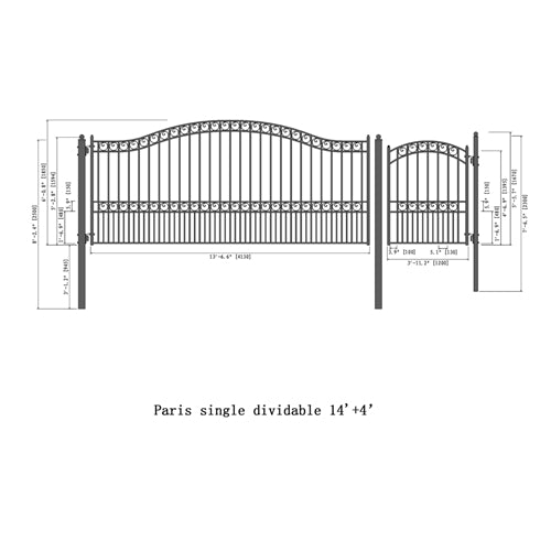 Aleko Steel Single Swing Driveway Gate - PARIS Style - 14 ft with Pedestrian Gate - 5 ft SET14X4PARS-AP