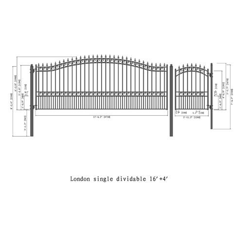 Aleko Steel Single Swing Driveway Gate - LONDON Style - 16 ft with Pedestrian Gate - 5 ft SET16X4LONS-AP