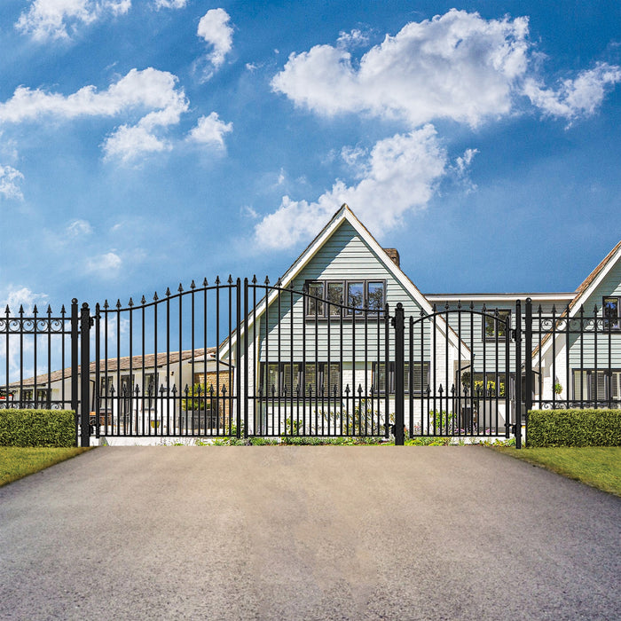 Aleko Steel Dual Swing Driveway Gate - MUNICH Style - 16 ft with Pedestrian Gate - 5 ft SET16X4MUND-AP