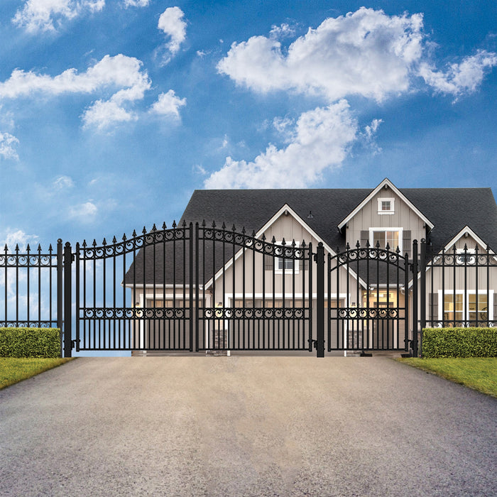 Aleko Steel Dual Swing Driveway Gate - LONDON Style - 14 ft with Pedestrian Gate - 5 ft SET14X4LOND-AP