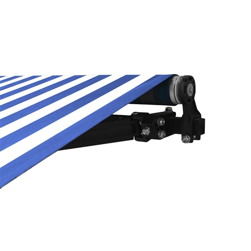 Aleko Motorized Retractable Black Frame Patio Awning 16 x 10 Feet - Blue and White Stripes ABM16X10BLWH03-AP