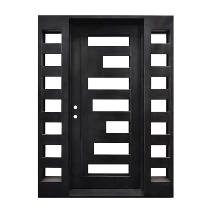 Aleko Iron Square Top Geometric-Embossed Single Door with Frame and Threshold - 81 x 62 x 6 Inches - Matte Black IDQ6281BK06-AP