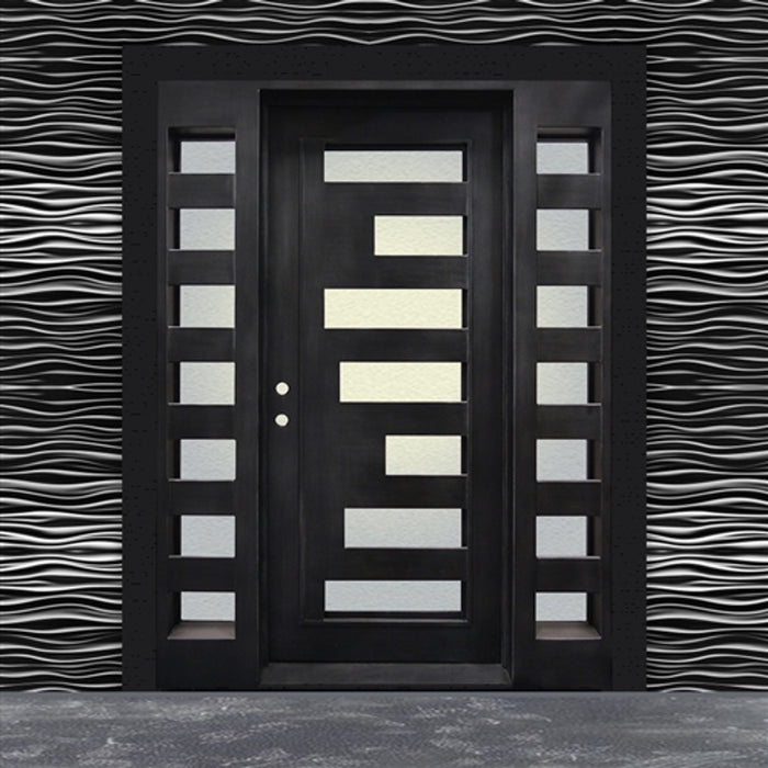 Aleko Iron Square Top Geometric-Embossed Single Door with Frame and Threshold - 81 x 62 x 6 Inches - Matte Black IDQ6281BK06-AP