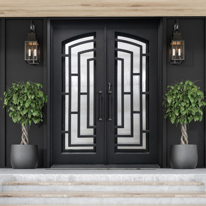 Aleko Iron Square Top Modern Dual Door with Frame and Threshold - 96 x 72 x 6 Inches - Matte Black IDQ7296BK04-AP