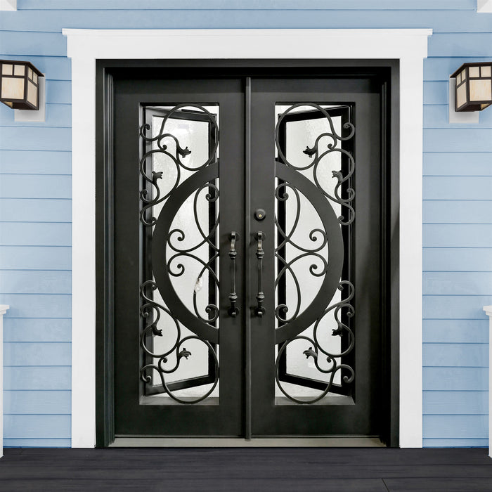Aleko Iron Vine and Curve Dual Door with Square Top Frame and Threshold - 81 x 62 x 6 Inches - Matte Black IDQD38-AP