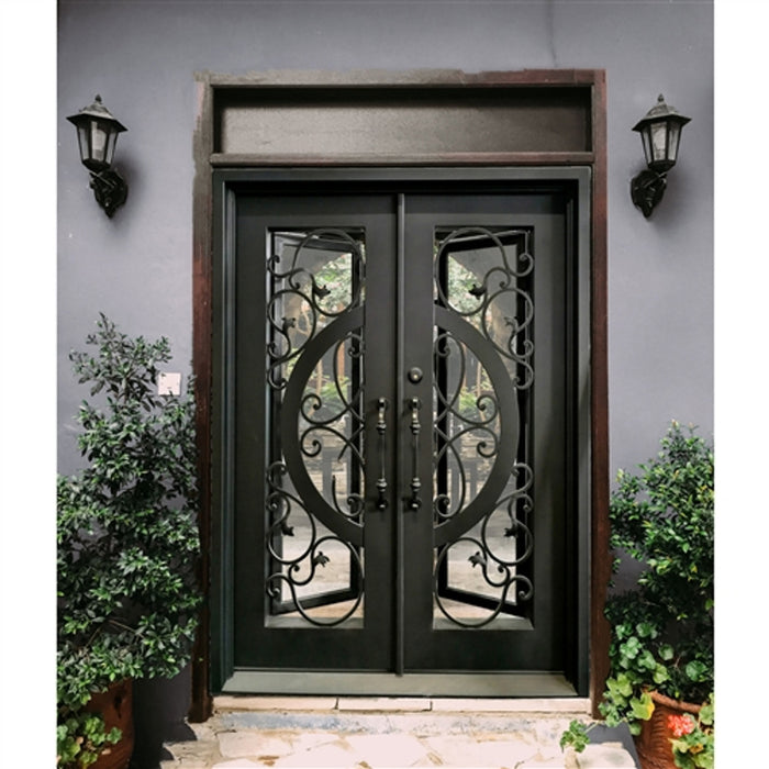 Aleko Iron Vine and Curve Dual Door with Square Top Frame and Threshold - 81 x 62 x 6 Inches - Matte Black IDQD38-AP