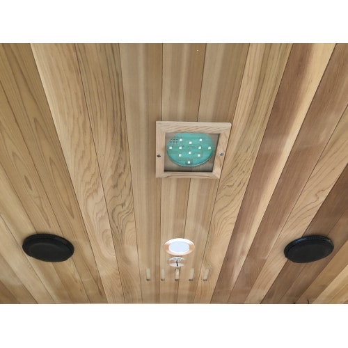 Image of sauna ceiling with lightings and speakers